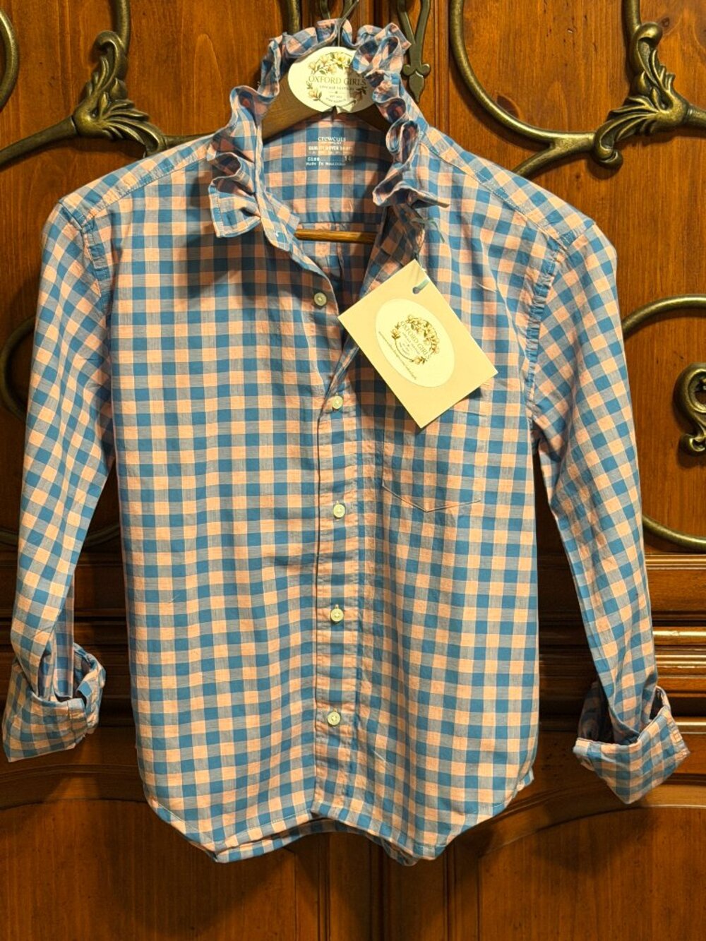 Upcycled Ruffle Collar Blouse | Blue & Pink Gingham Shirt | Cottagecore / S